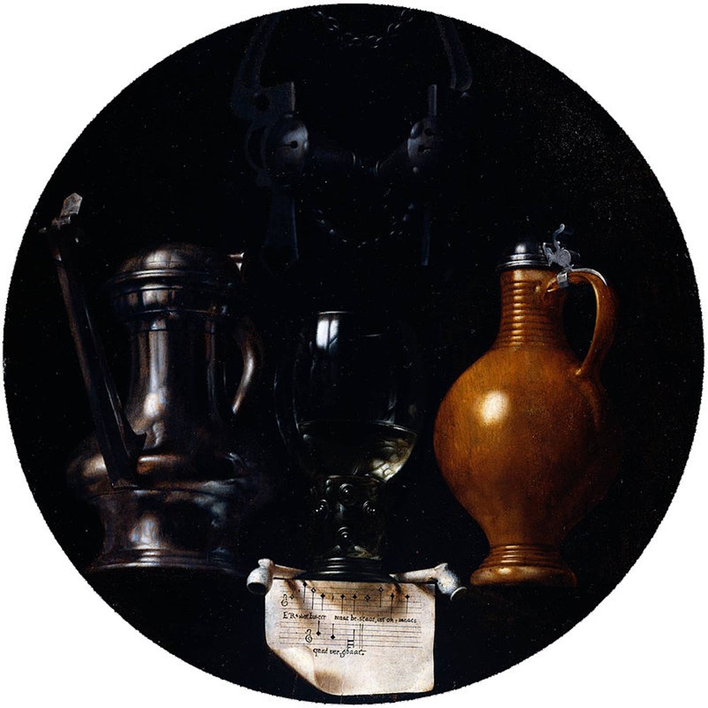 Emblematic still life with flagon, glass, jug and bridle, Johannes van der Beeck (alias Johannes Torrentius), 1614